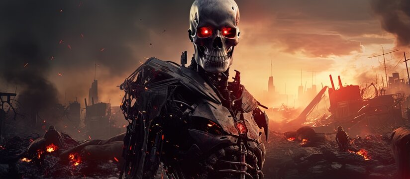 Futuristic military robot warrior in ruins with red sky sci fi illustration