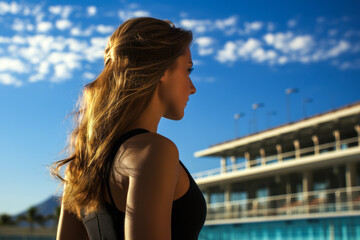 Invigorating image of an athletic woman preparing to dive into an Olympic-sized pool.