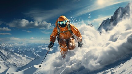 Naklejka na ściany i meble Skiing down a snow-covered slope Mountain ski resort , illustrator image, HD