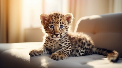 leopard baby lying on a cozy sofa in a modern living room, natural sunlight
