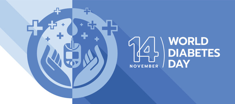 World diabetes day hands hold glucose testing blood meter in blue circle symbol with drop blood on white and half blue background vector design