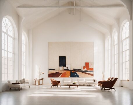 Ai Generated Architectural firm, white walls, vaulted ceilings, ample light, spacious area, with an abstract painting on the wall measuring, hype realistic photography, real textures, 