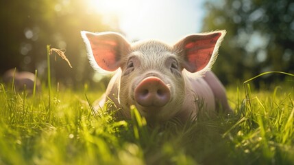 pink domestic pig lying on a green meadow on a sunny summer day
