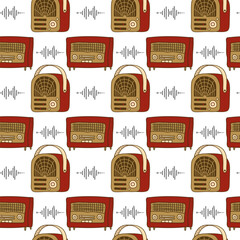 Seamless pattern with vintage portable radio receiver and wave . Retro technique. Can be used for fabric, textile, clothing, wallpapers or scrap booking. Hand-drawn doodle illustration.