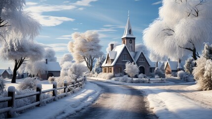 Snowy church in a quaint village Winter village , illustrator image, HD - obrazy, fototapety, plakaty