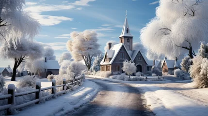 Foto op Canvas Snowy church in a quaint village Winter village , illustrator image, HD © NIA4u