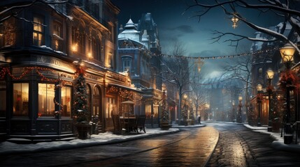 Snowy cityscape with holiday lights Urban winter , illustrator image, HD - obrazy, fototapety, plakaty