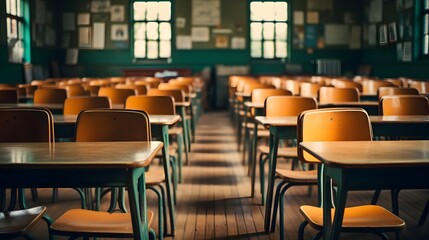 Empty Classroom. Back to school concept in high school. Vintage Classroom with Wooden Desks in Soft Lighting. generative ai