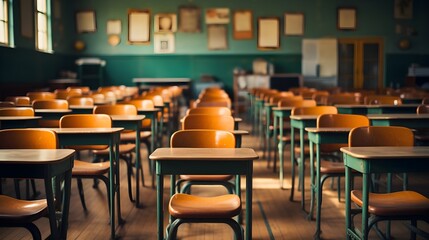 Empty Classroom. Back to school concept in high school. Vintage Classroom with Wooden Desks in Soft Lighting. generative ai