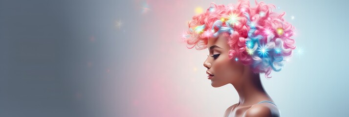 Pink background of a pretty woman with christmas decorations and stars in her hair, Christmas banner