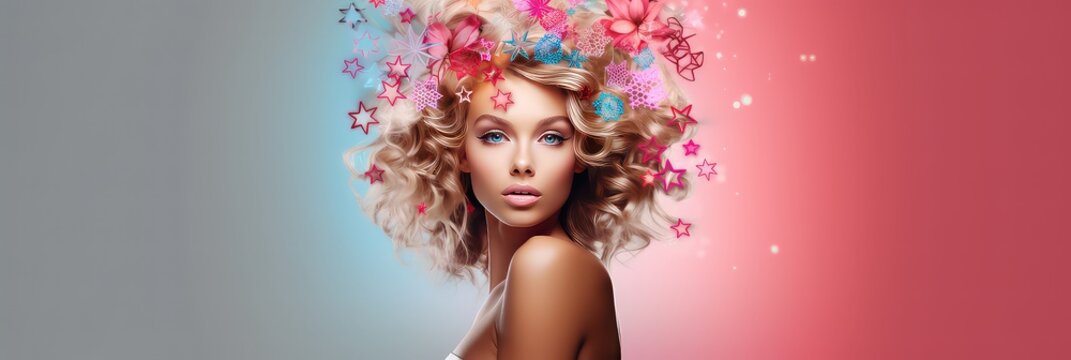 Pink background of a pretty woman with christmas decorations and stars in her hair, Christmas banner
