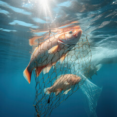 fish ensnared in net under water.