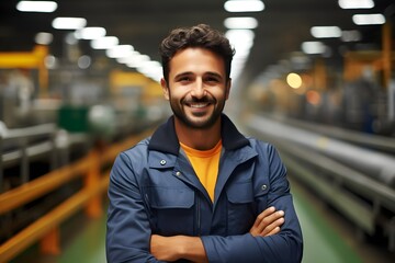 Fototapeta premium Smiling Factory Worker: Portrait of a Joyful Man in Industrial Setting. generative ai