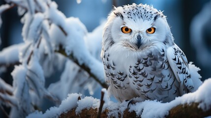 Snowy owl perched on a branch Snow-covered forest , illustrator image, HD