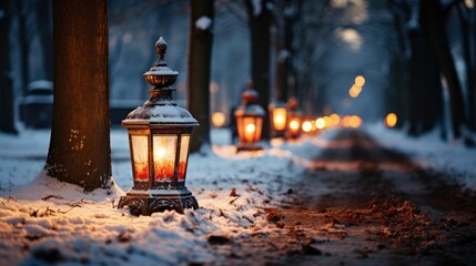 Snowy tree-lined street with vintage lampposts Winter , illustrator image, HD