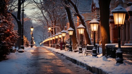 Fototapeta na wymiar Snowy tree-lined street with vintage lampposts Winter , illustrator image, HD