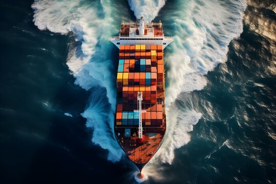 Overhead Aerial View of Colorful Cargo Ship at Sea. generative ai