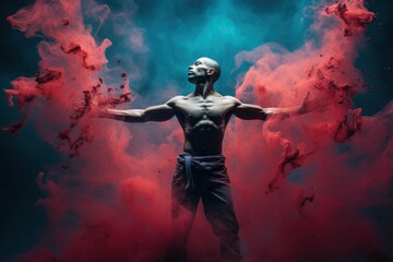 A smoky haze engulfs a bare-chested man, his body a canvas for wild and fluid art