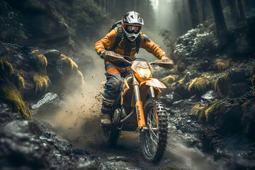 Many professional motorcyclists in full motorcycle equipment ride a crows enduro bike on a mountain road at sunset. The concept of motorsport, speed, hobbies, travel, outdoor activities. - obrazy, fototapety, plakaty