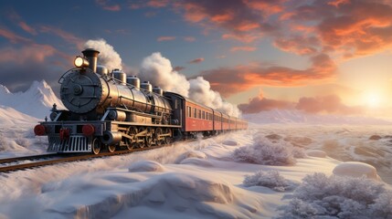 The North Pole Express with train Arctic landscape , illustrator image, HD - obrazy, fototapety, plakaty