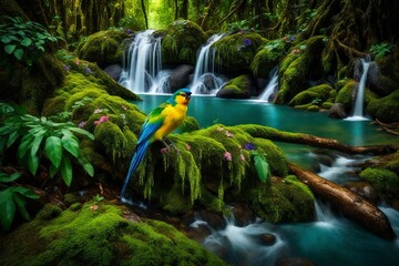 waterfall in the jungle and a bird blue and yellow macaw  sitting in front of waterfall, waterfall background, waterfall wallpaper, tropical waterfall, waterfall wildlife