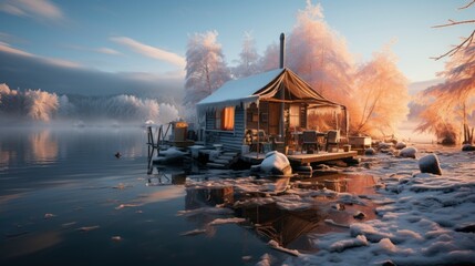 Winter fishing on a frozen lake Icy fishing hut Relax, illustrator image, HD - obrazy, fototapety, plakaty