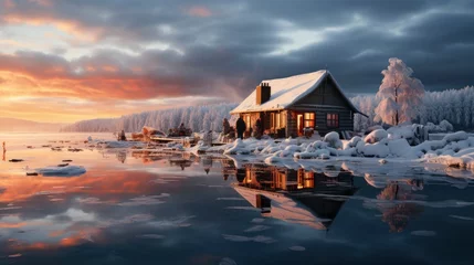 Foto op Canvas Winter fishing on a frozen lake Icy fishing hut Relax, illustrator image, HD © NIA4u
