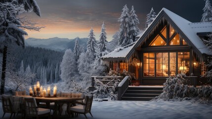 Winter Glow with warm cabin lights Snowy forest, illustrator image, HD - obrazy, fototapety, plakaty