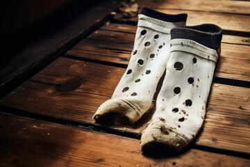 A pair of worn-out socks with visible holes lay on a wooden floor, symbolizing wear and tear over time - obrazy, fototapety, plakaty