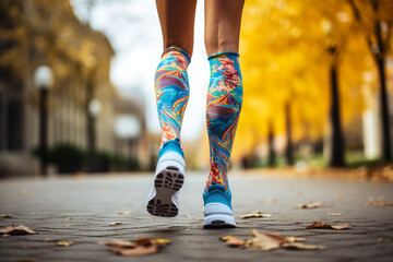 Close-up of athletic compression socks worn by a runner, aimed to improve circulation during physical exertion - obrazy, fototapety, plakaty