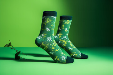  A pair of eco-friendly bamboo fiber socks showcased against a green background, highlighting...