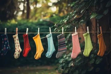 Fotobehang Multiple pairs of socks hanging on a clothesline outside, drying in the fresh air, evoking a sense of domesticity © Davivd