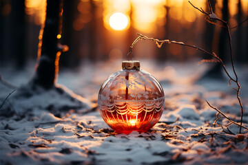 New Year's ball glows in the snow in winter.
