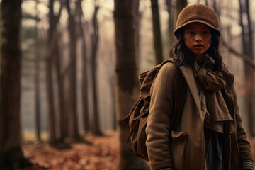 Fototapeta na wymiar Multiethnic girl enjoying autumn in the woods on a snowy day