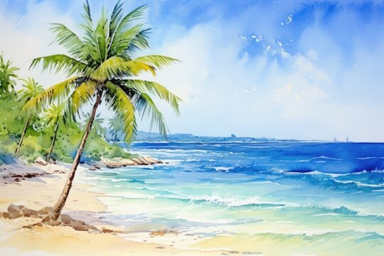 watercolor of beach with palm trees