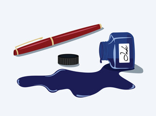 Spilled blue inkwell and a fountain pen flat vector. Spilled inkwell, ink bottle, inkpot or ink pot colored illustration. Back to school concept. Stationery