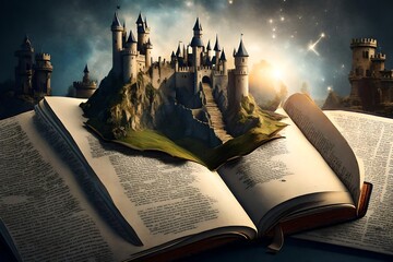 Open book with a fantasy world popping out. A castle illustration over a book.    - obrazy, fototapety, plakaty