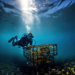 scujba diver in ocean checking lobster trap.