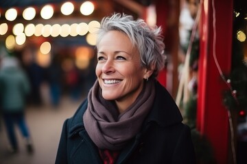 Portrait of happy senior woman at Christmas market in Paris, France