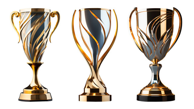 First Place Gold Trophy Cup Isolated On Free PNG Background. 3d Rendering. Collection Of Futuristic And Classic Cups.