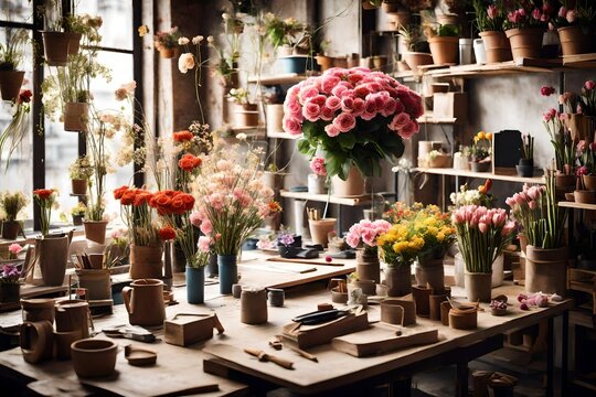 Florist workplace: flowers and accessories