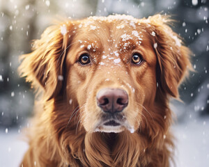 A dog in the snow, snowy landscape with a cute dog, snow on dog fur of a golden retriever