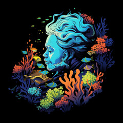 Fototapeta na wymiar 2D abstract coral reef sleeping OLD MENs head surrounder by colorful trophical plants