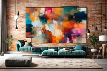 cheerful and happy mood living room idea of home décor design with colorful abstract painting art wall hanging picture - obrazy, fototapety, plakaty