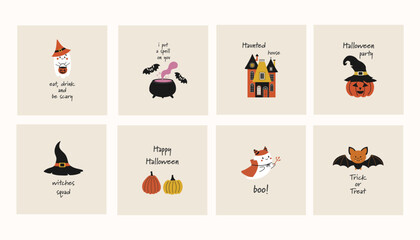 Naklejka premium Halloween greeting card. Vector collection with pumpkins, haunted house, ghost and bats. Halloween party. Vector set of Halloween party invitations. Illustration for flyer, banner, poster.