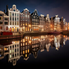 Fototapeta na wymiar night amsterdam houses reflection in canal.