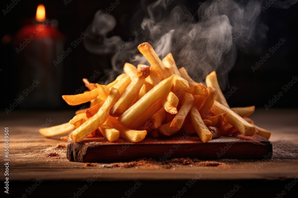 Wall mural french fries on wooden table , smoke ,generative ai.