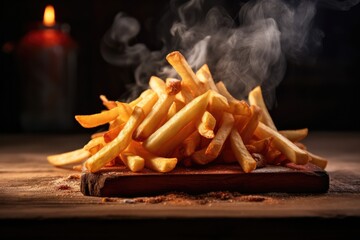 French fries on wooden table , smoke ,Generative AI. - obrazy, fototapety, plakaty