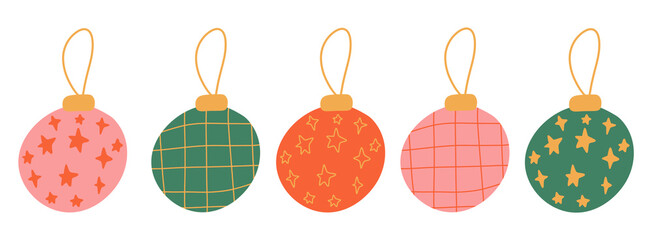 Hand drawn pink green red and gold Christmas bauble ornament decoration vector illustration banner on isolated background star check pattern festive symbol icon social media marketing tool