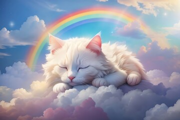  sleeping white cute cat above the clouds rainbow 